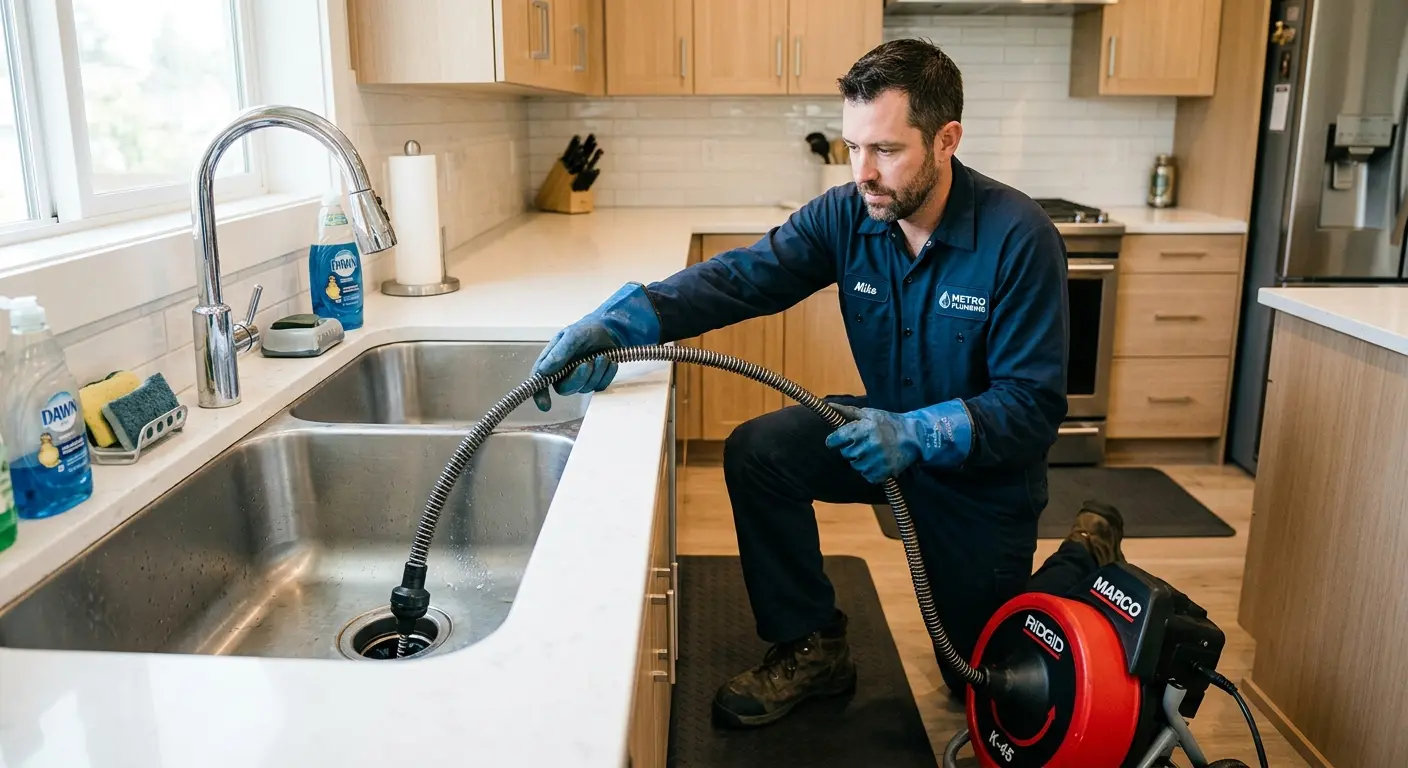 Drain cleaning technician using a motorized snake on a kitchen sink in Sunnyside
