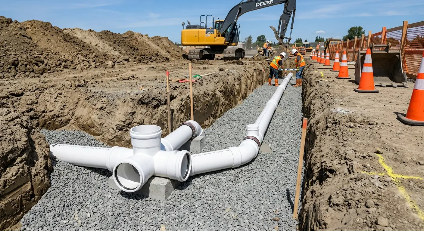 New PVC sewer pipe installation in open trench for Sewer Backup in Sunnyside