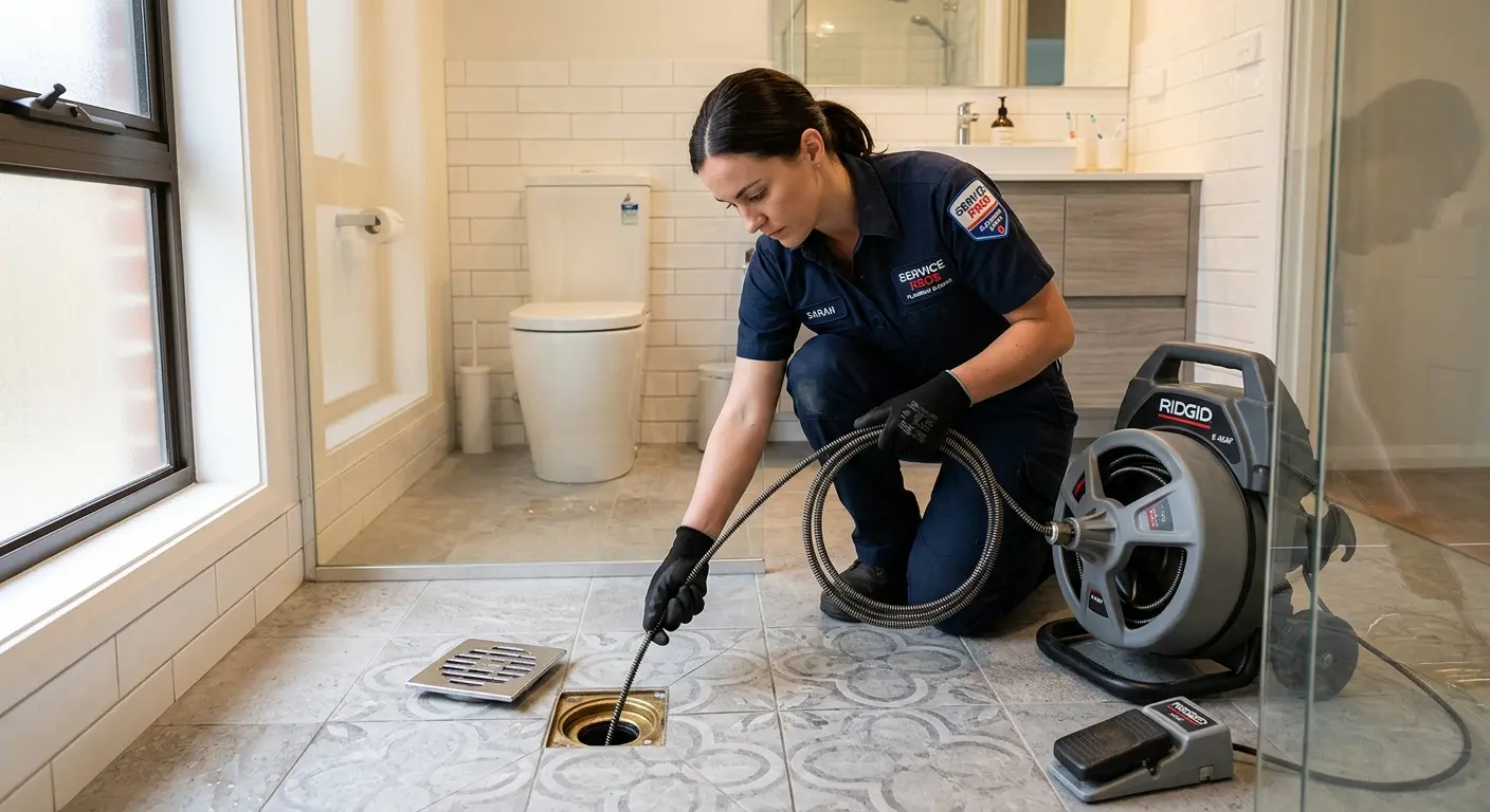 Technician clearing a bathroom floor drain for Sewer Line Replacement in Sunnyside